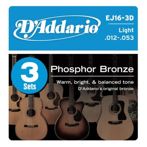 D'Addario EJ163D 3 Pack Acoustic Guitar Strings Light Gauge 12-53 Phosphor Bronze Wound