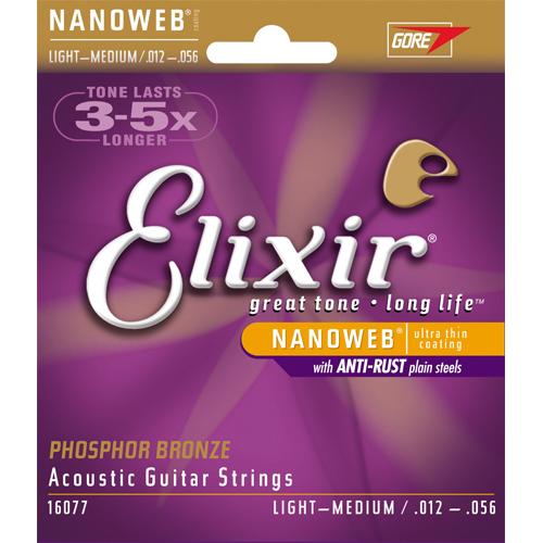 Elixir 16077 Light-Medium Nanoweb Acoustic Guitar Strings 12-56 Phosphor Bronze