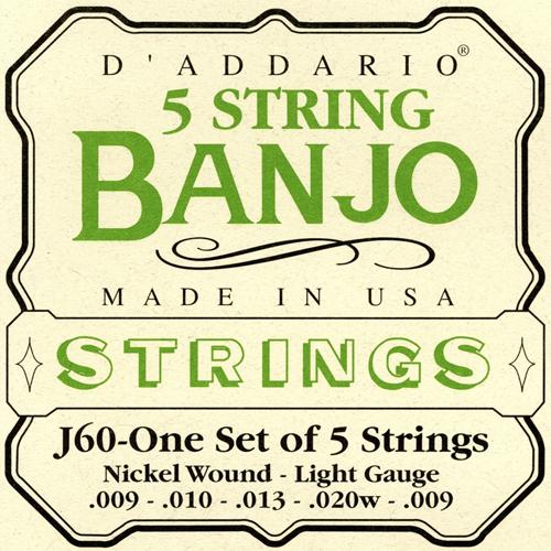 D'Addario EJ60 5 String Banjo Strings Nickel Wound 009,010,013,020,009