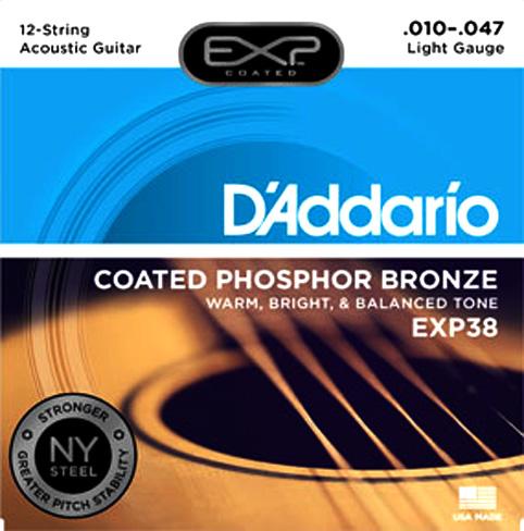 D'Addario EXP38 12 String EXP Coated Phosphor Bronze Acoustic Guitar Strings Light