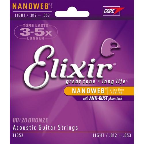 Elixir 11052 Light Nanoweb Bronze Acoustic Guitar Strings 12-53 80/20