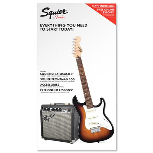 Squier 0301812032 Stratocaster SSS Pack Short Scale in Brown Sunburst w/Frontman 10G Amplifier and Accessories