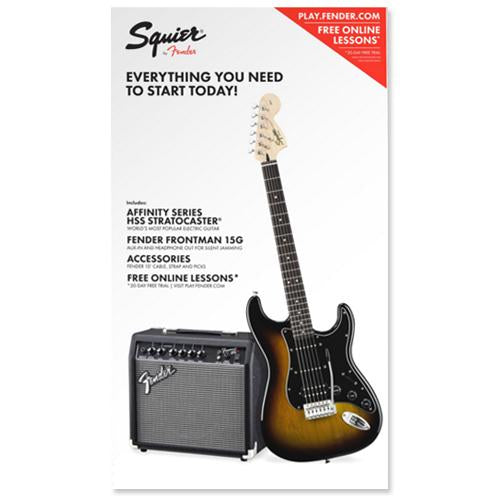Squier 0301814032 Affinity Stratocaster HSS Pack in Brown Sunburst w/Frontman 15G Amplifier and Accessories