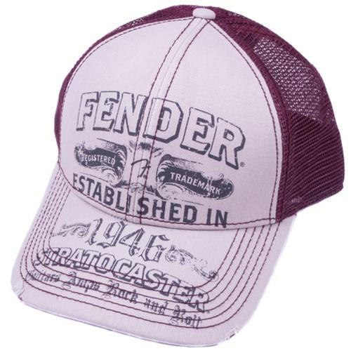 Fender 9106604705 Stratocaster Trucker Hat Off White with Wine- Clothing
