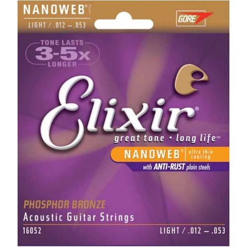 Elixir 16052 Light Nanoweb Acoustic Guitar Strings 12-53 Phosphor Bronze