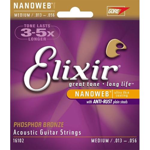 Elixir 16102 Medium Nanoweb Acoustic Guitar Strings 13-56 Phosphor Bronze