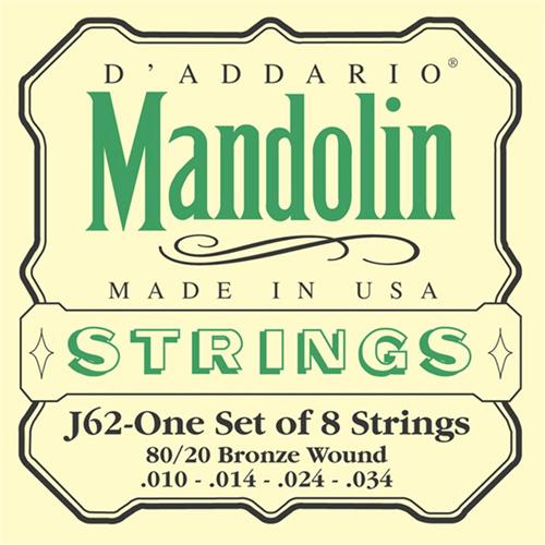 D'Addario EJ62 Loop End Mandolin Strings 80/20 Bronze Wound 010 - 034