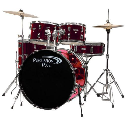 Percussion Plus PP4100BRD 5-Piece Brushed Red Complete Drum Set Pack with Cymbals