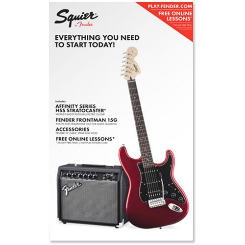 Squier 0301814009 Affinity Stratocaster HSS Pack in Candy Apple Red w/Frontman 15G Amplifier and Accessories