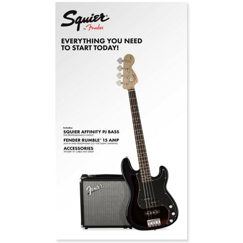 Squier 0301972006 Affinity PJ Bass Pack in Black w/Rumble 15 Amplifier and Accessories